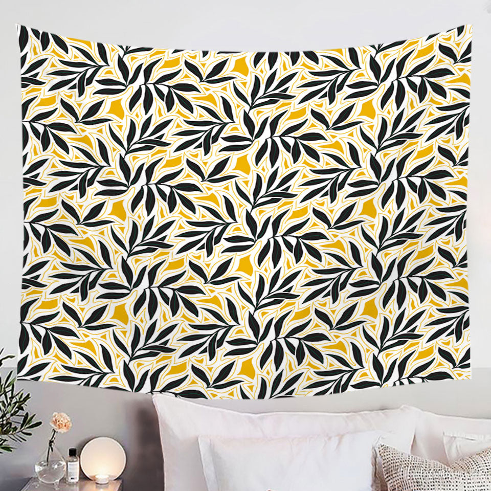 Dark Green Leaves over Yellow Tapestry Wall Hanging