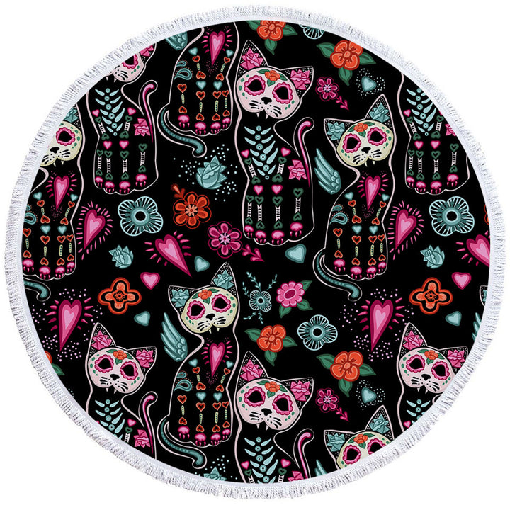Day of the Dead Round Beach Towel Cats