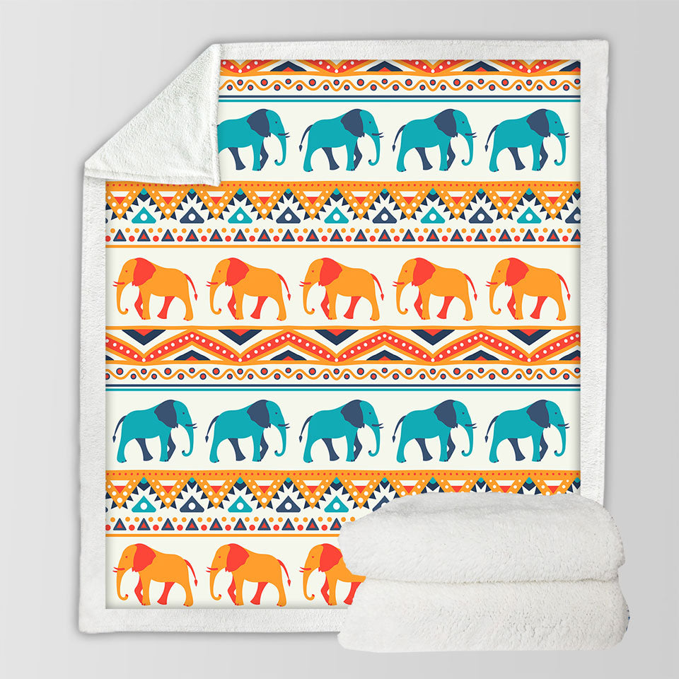 Decorative Blankets Blue Orange Elephants on African Design