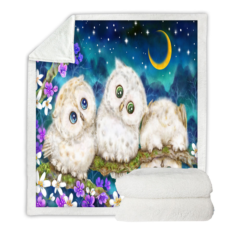 Decorative Blankets of Wild Birds Art Cute Night Flowers and Owls