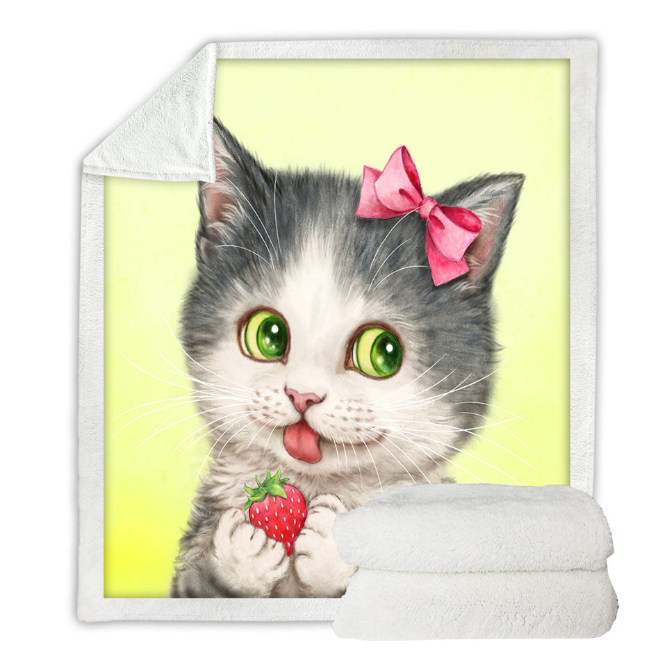 Decorative Blankets with Cute Paintings Strawberry Love Girly Kitten