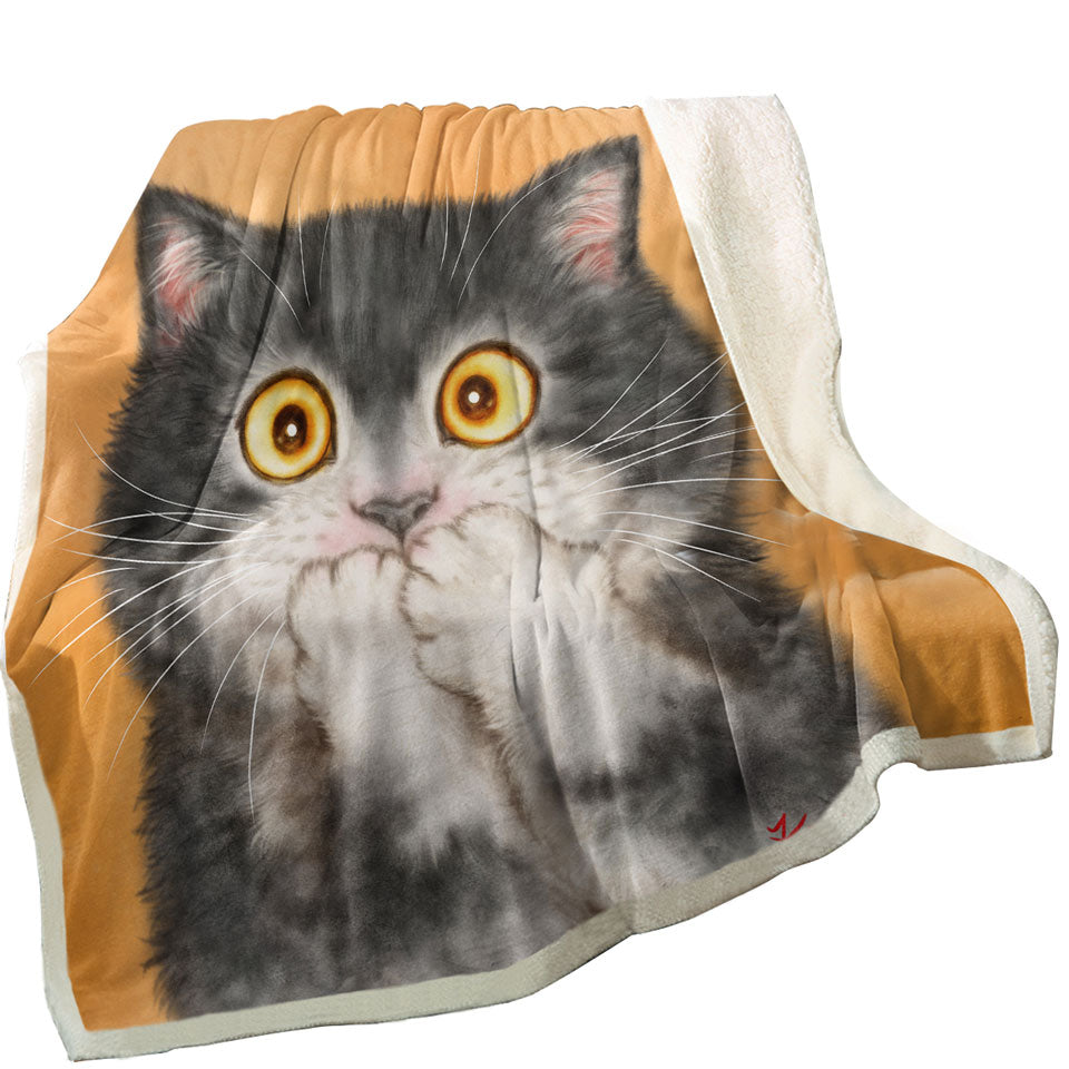 Decorative Blankets with Funny Painted Cats Grey Kitten in Shock