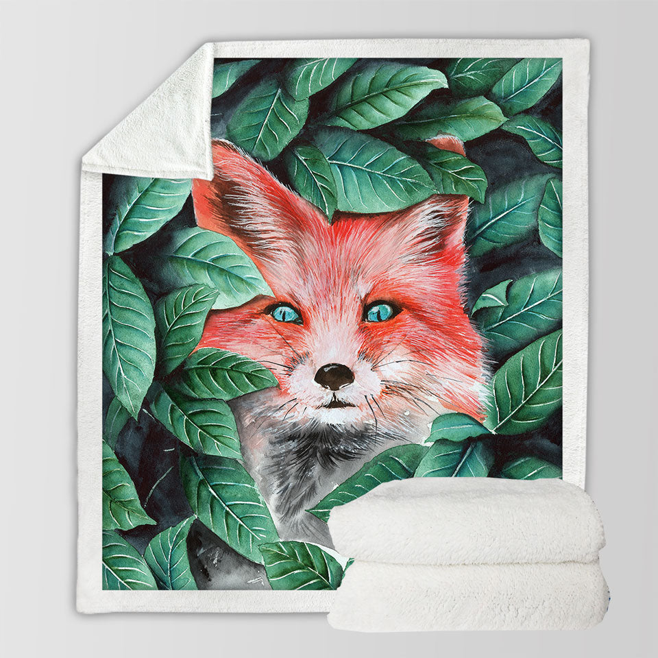 Decorative Blankets with Green Leaves and Cute Hidden Fox
