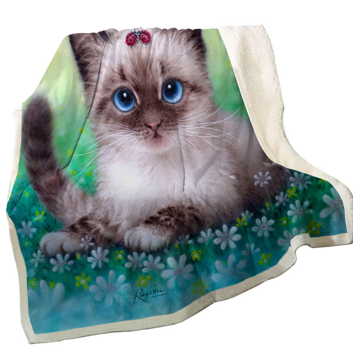 Decorative Blankets with Stunning Cat Painting Ladybugs and Kitten