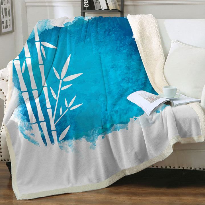 Decorative Blankets with White Bamboo Silhouette over Ocean Blue Paint