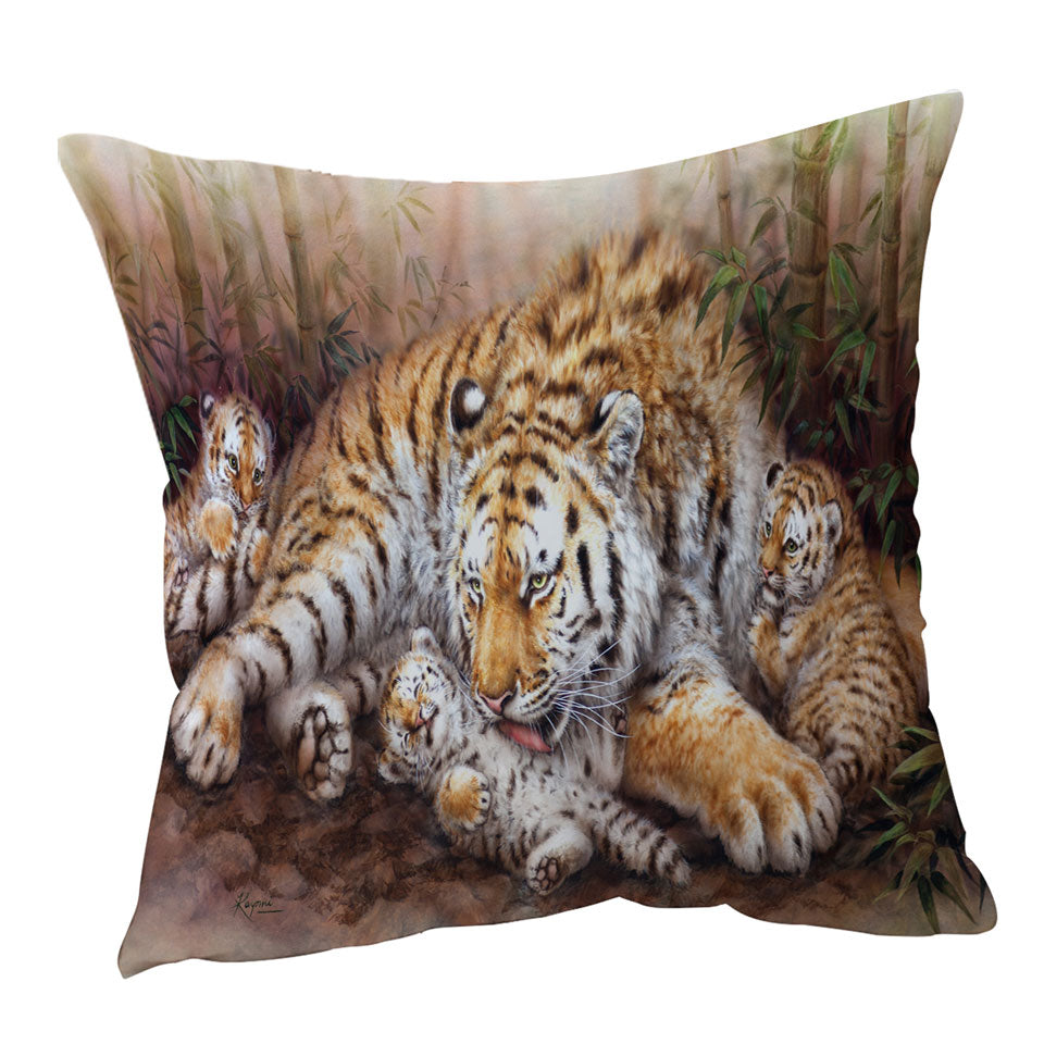 Decorative Cushions and Pillows with Wildlife Animal Art Tiger Family in Bamboo Forest