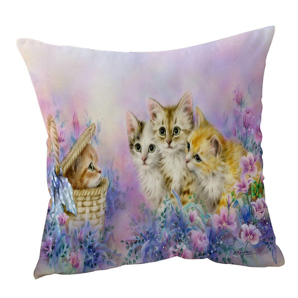 Decorative Cushions with Cats Art Adorable Cute Kittens in Flower Garden