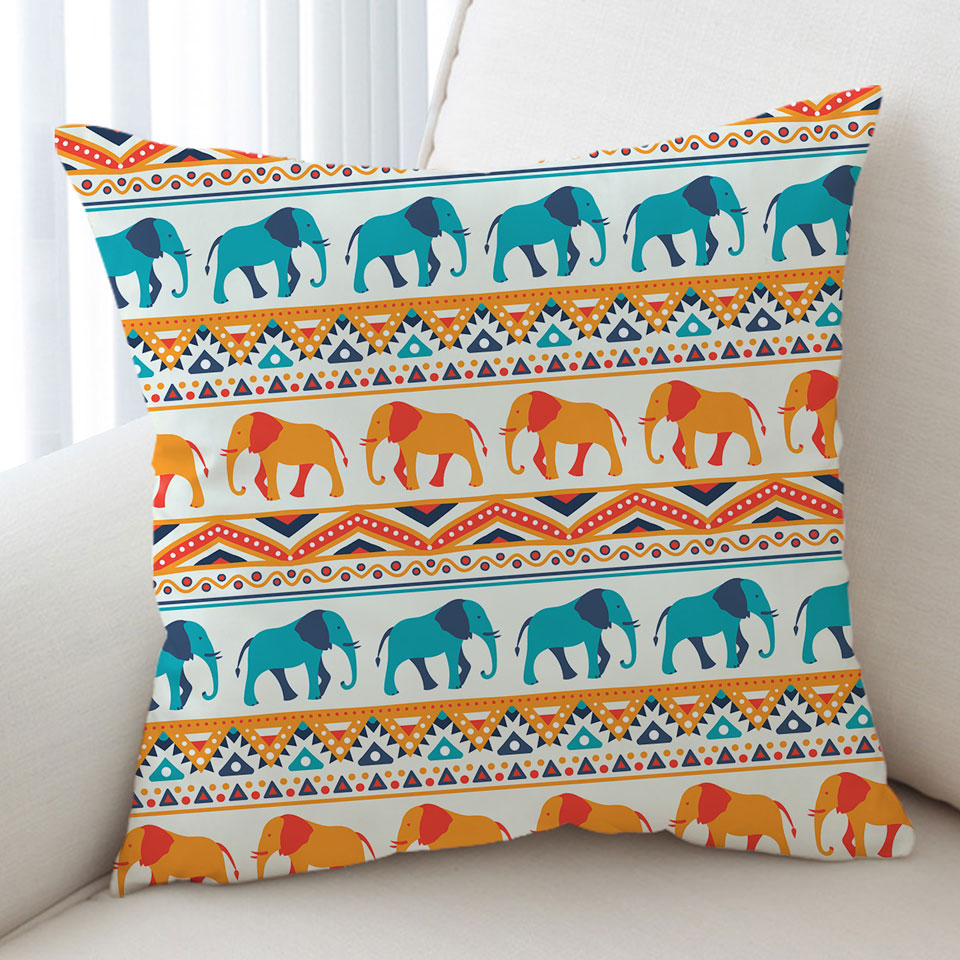 Decorative Pillows Blue Orange Elephants on African Design