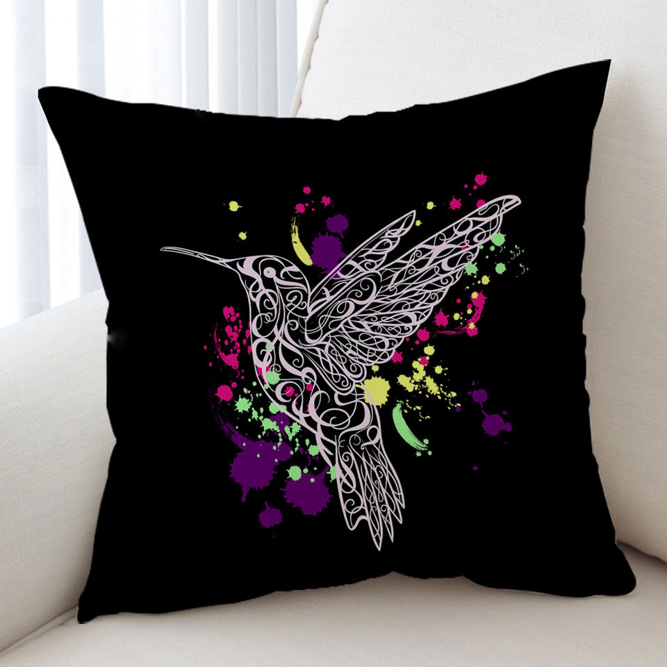 Decorative Pillows with Multi Colored Splashes and Pinkish Hummingbird
