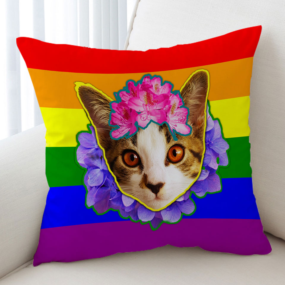 Decorative Pillows with Rainbow Flag Adorable Flowery Kitten