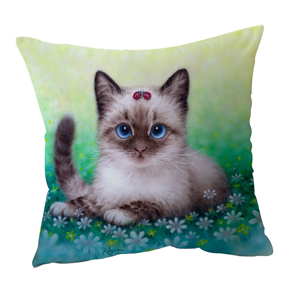 Decorative Pillows with Stunning Cat Painting Ladybugs and Kitten