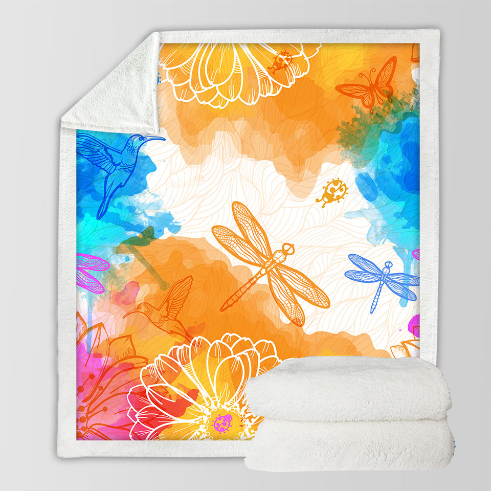 Decorative Throws Orange Blue Dragonflies and Hummingbirds