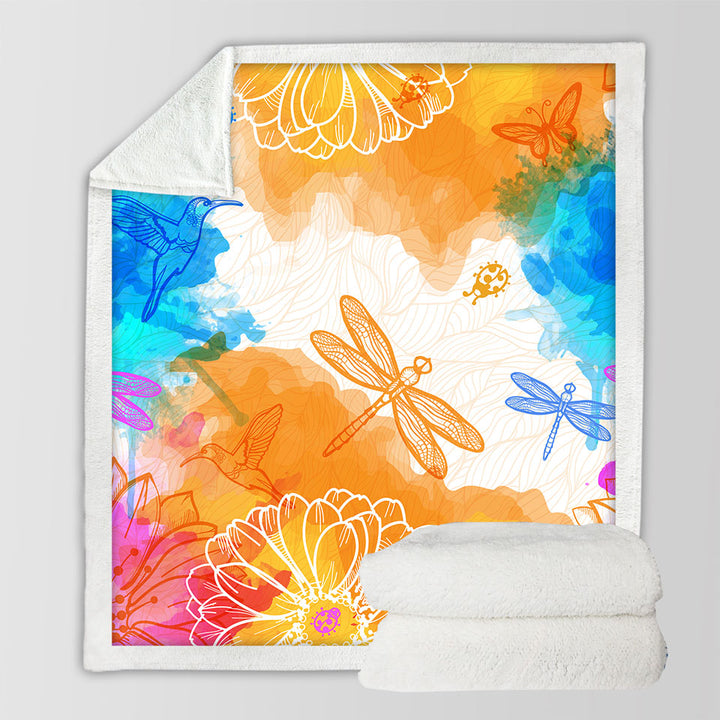 Decorative Throws Orange Blue Dragonflies and Hummingbirds