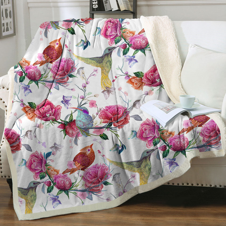 Decorative Throws with Pink Roses and Beautiful Birds