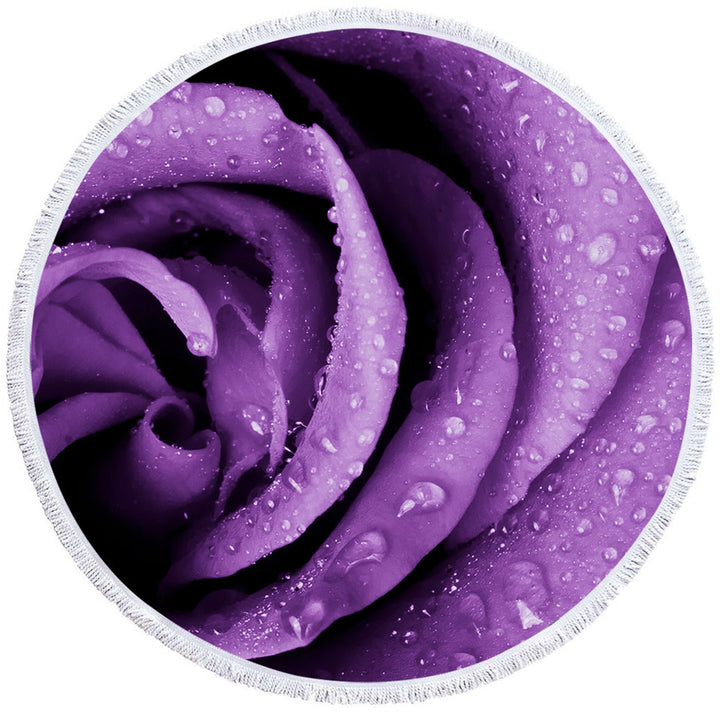 Dew Covered Purple Rose Circle Beach Towel