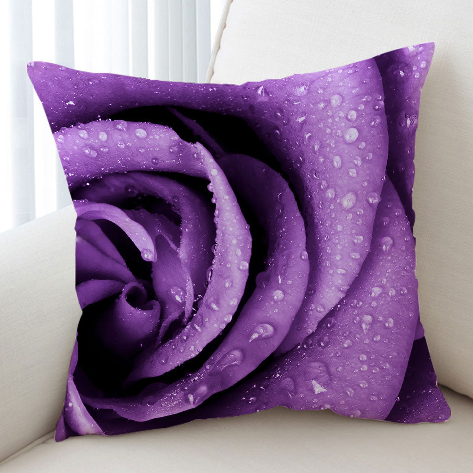 Dew Covered Purple Rose Decorative Cushions