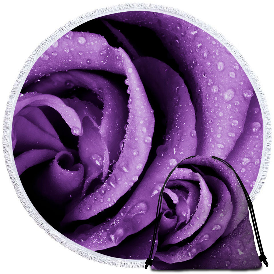 Dew Covered Purple Rose Round Beach Towel