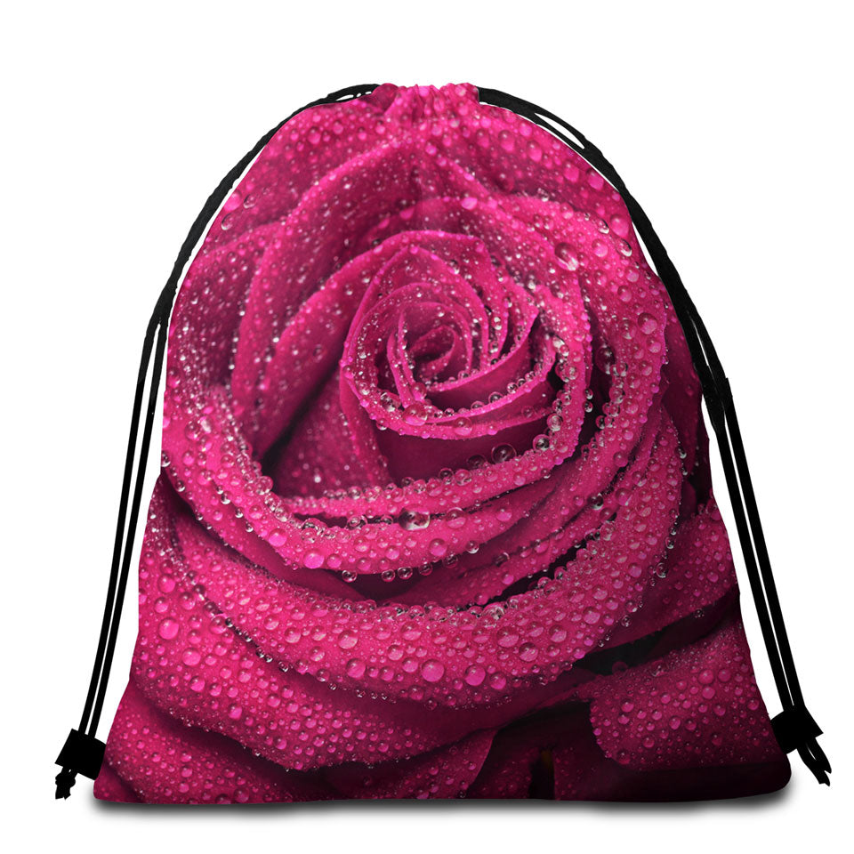 Dew Covered Rosy Rose Beach Towel Bags