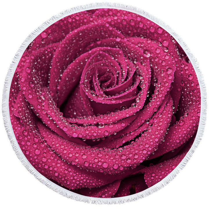 Dew Covered Rosy Rose Circle Beach Towel