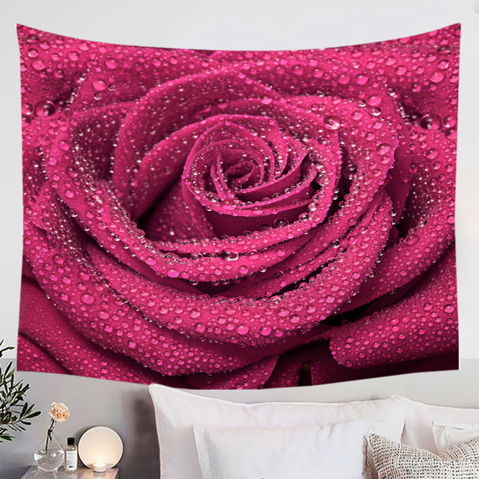 Dew Covered Rosy Rose Wall Decor Tapestry