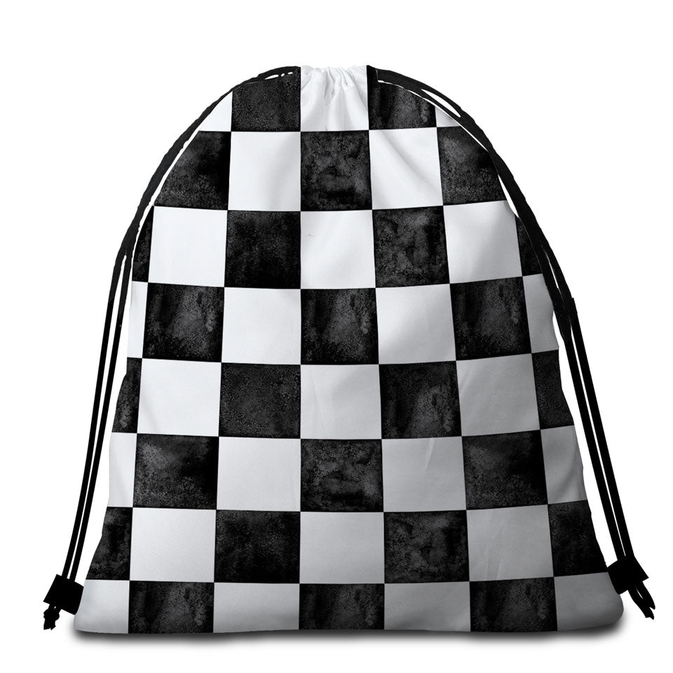 Dirty Black and White Beach Towel Bags Features Checkers