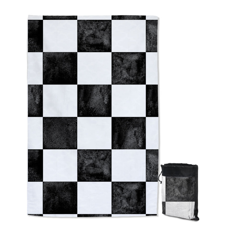 Dirty Black and White Quick Dry Beach Towel Features Checkers