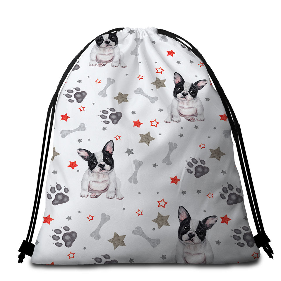 Dog Beach Bags for Towels Cute French Bulldog Dog Paws and Bones