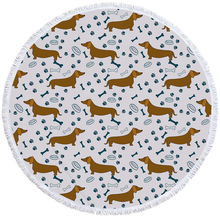 Dog Food Bowl Paw Bone and Dachshund Round Towel