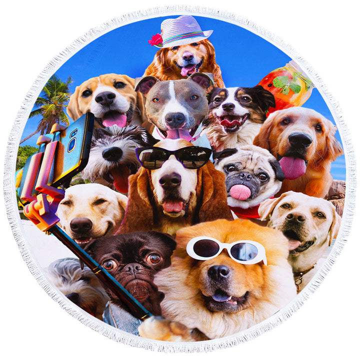 Dog Round Beach Towel Awesome Selfie Funny Dogs with Sunglasses on the Beach