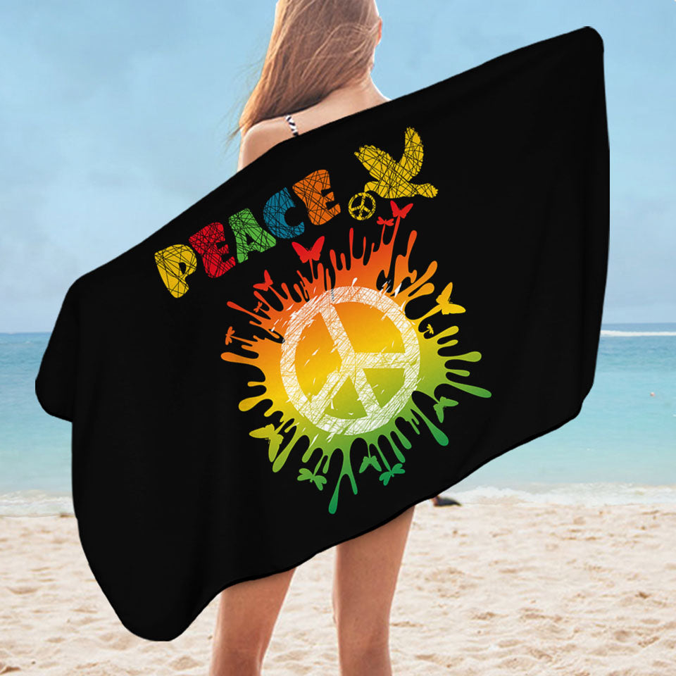 Dove and Butterflies Retro Peace Sign Beach Towel