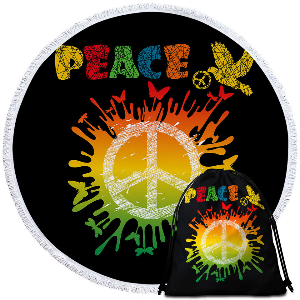 Dove and Butterflies Retro Peace Sign Circle Beach Towel