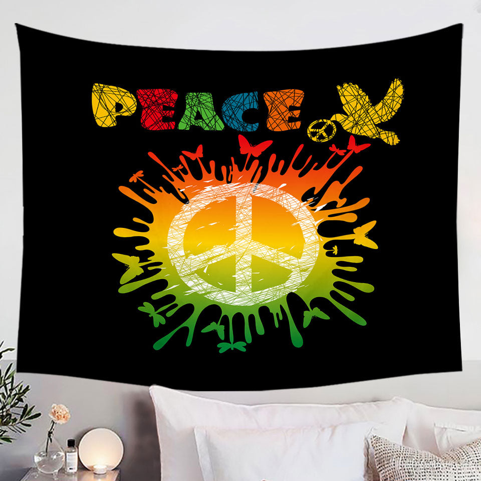 Dove and Butterflies Retro Peace Sign Tapestry Wall Hanging