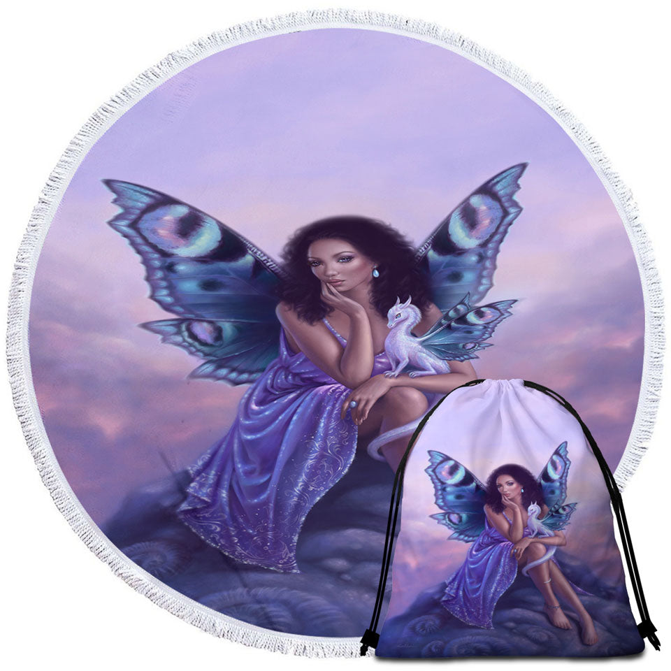 Dragon Fairy Gorgeous Black Girl Round Beach Towel