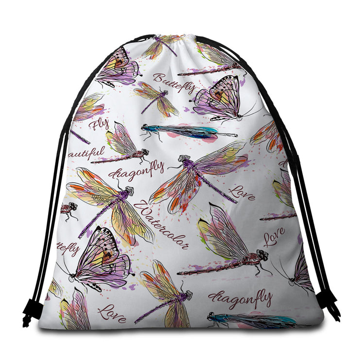 Drawing of Butterflies and Dragonflies Beach Towels and Bags Set