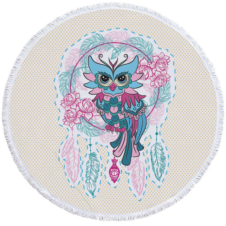 Dream Catcher and Graceful Lady Owl Circle Beach Towel