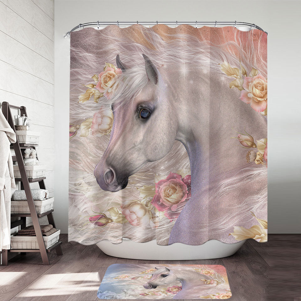 Elegant Shower Curtains Winter Rose Roses and White Horse