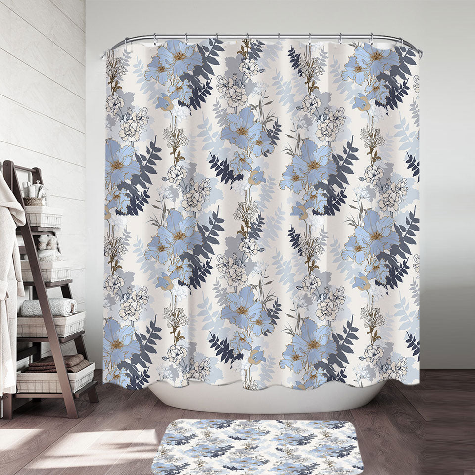 Elegant Shower Curtains with Light Blue and White Flowers