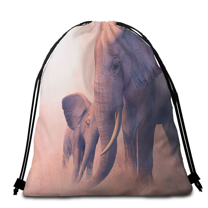 Elephant Beach Towel Bags Cute Baby Elephant and its Mommy Animal Art