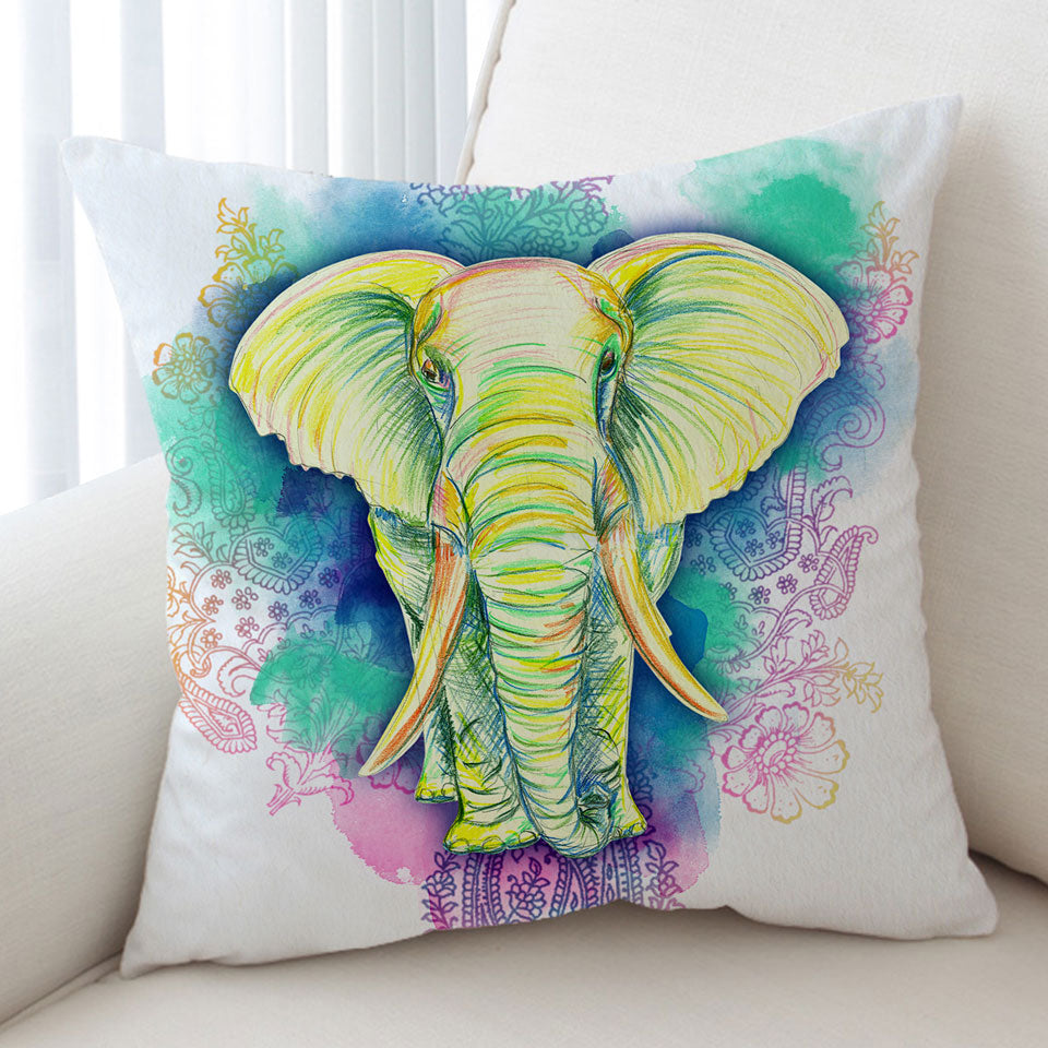 Elephant Cushion Cover Drawing over Oriental Flowers