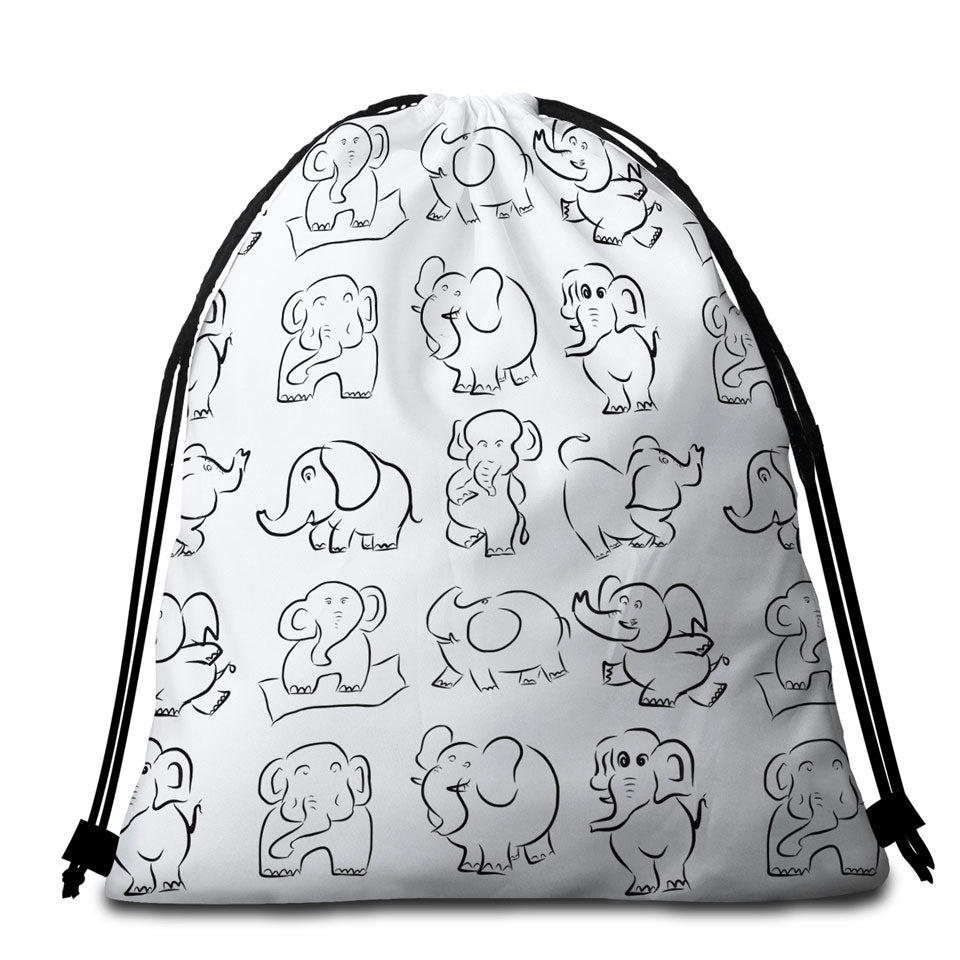 Elephant Drawing Pattern Beach Towels and Bags Set
