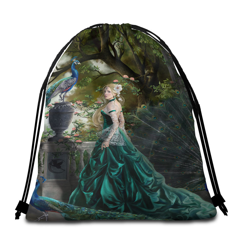 Emerald Fantasy Peacocks and Princess Beach Bags and Towels