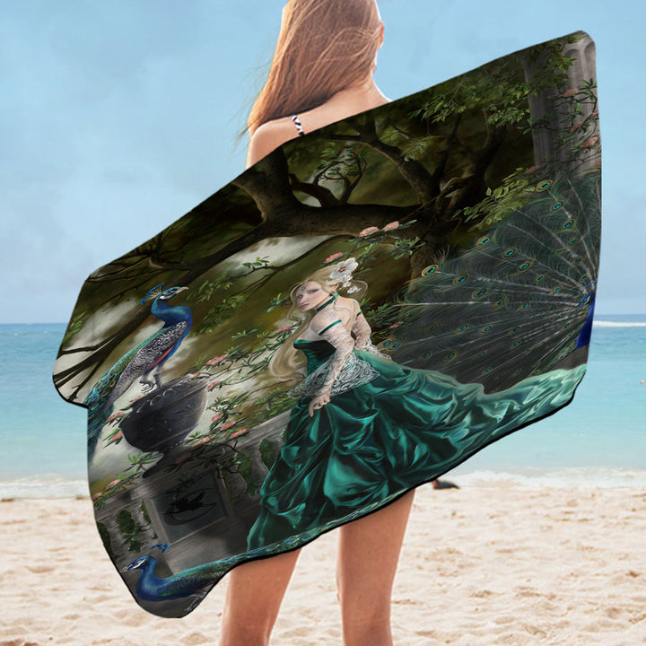 Emerald Fantasy Peacocks and Princess Beach Towel