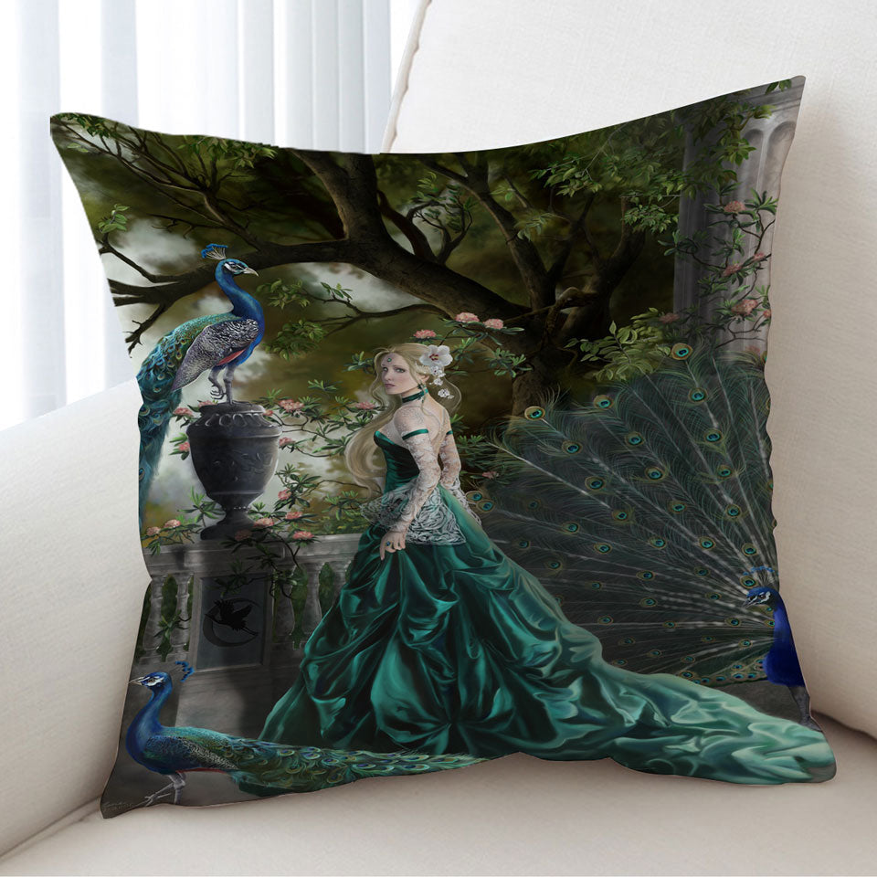 Emerald Fantasy Peacocks and Princess Cushion