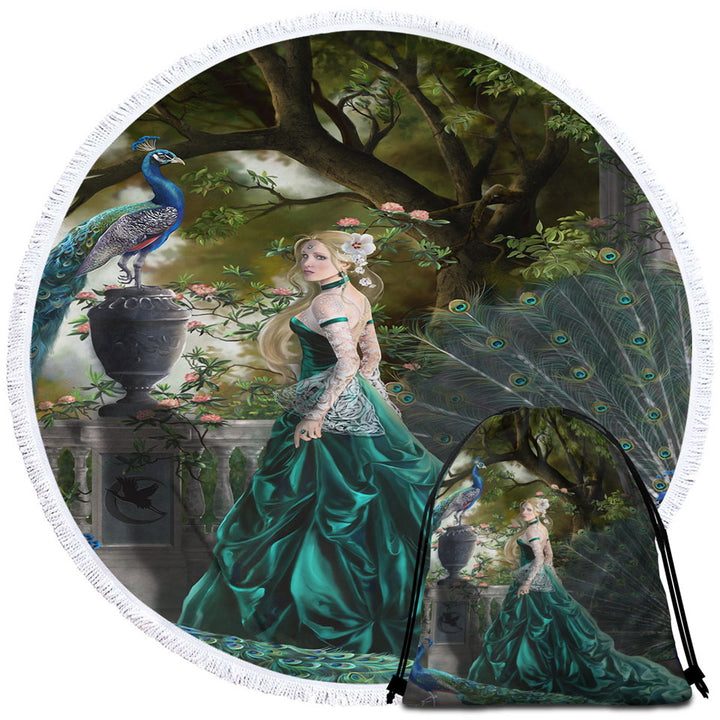 Emerald Fantasy Peacocks and Princess Travel Beach Towel