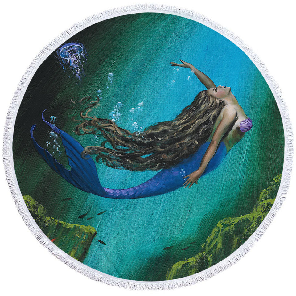 Enchantment Underwater Art Jellyfish and Mermaid Circle Beach Towel