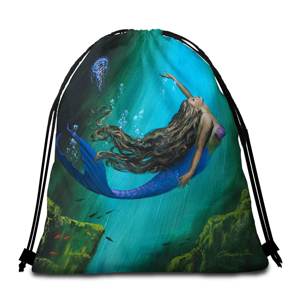 Enchantment Underwater Art Jellyfish and Mermaid Packable Beach Towel