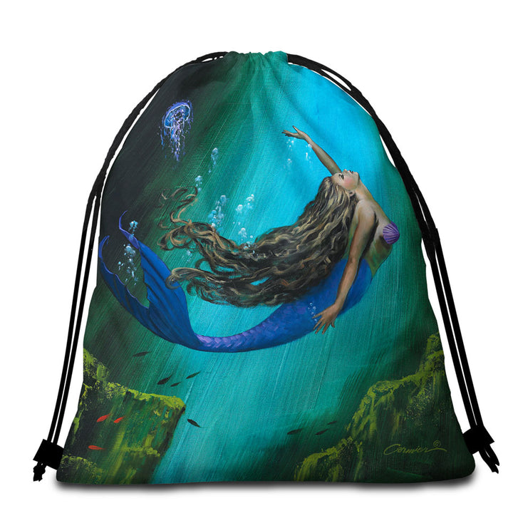 Enchantment Underwater Art Jellyfish and Mermaid Packable Beach Towel