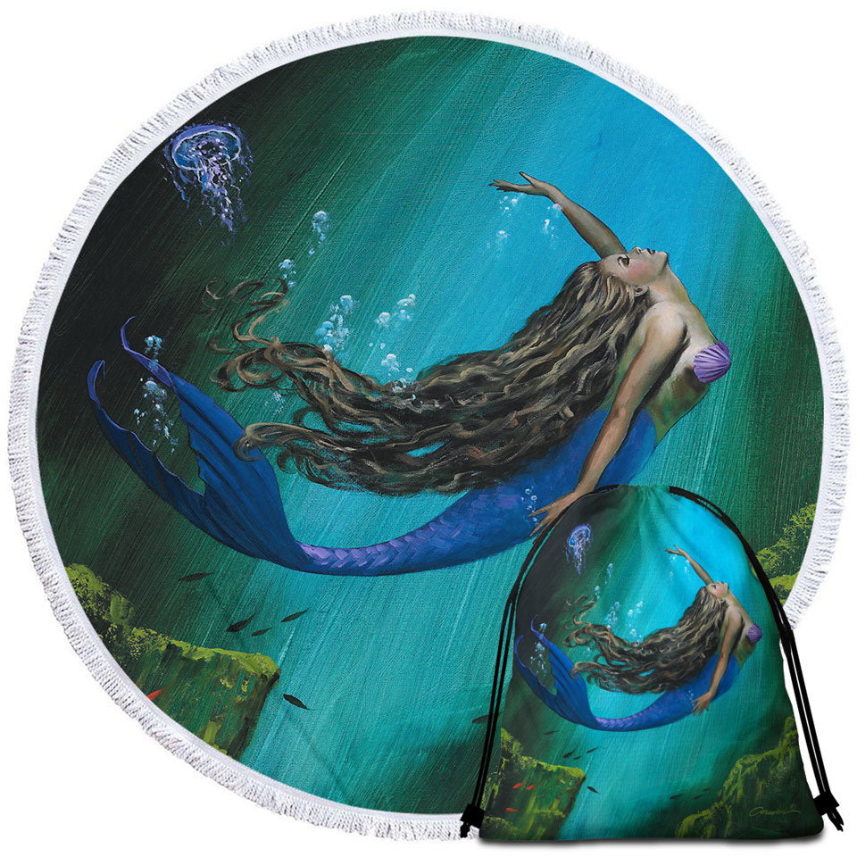Enchantment Underwater Art Jellyfish and Mermaid Round Beach Towel