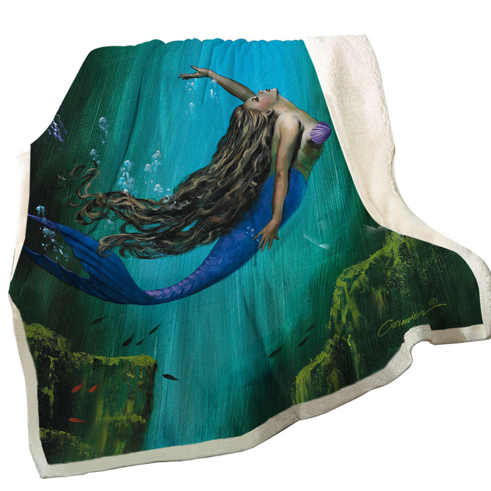 Enchantment Underwater Art Jellyfish and Mermaid Sherpa Blanket