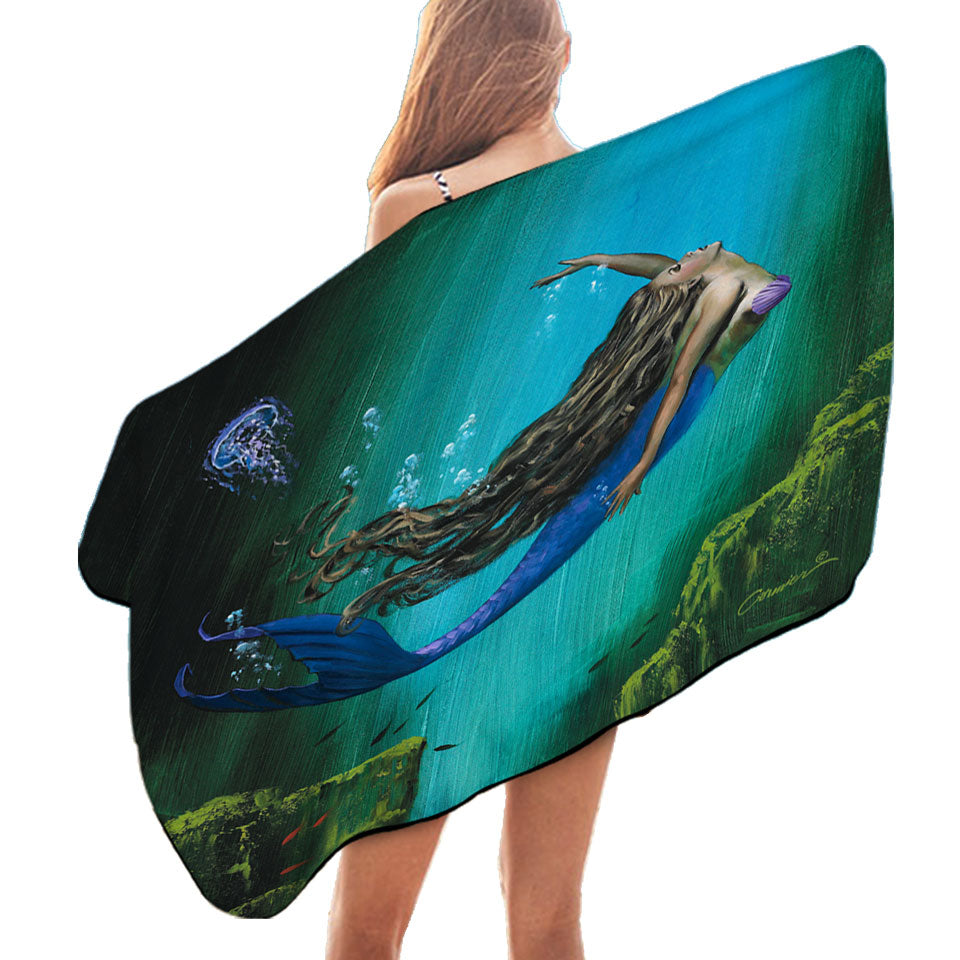 Enchantment Underwater Art Jellyfish and Mermaid Swims Towel